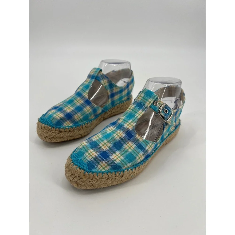 Andre Assous Plaid Espadrille T-Strap Platform Sandals Blue Green Womens 6